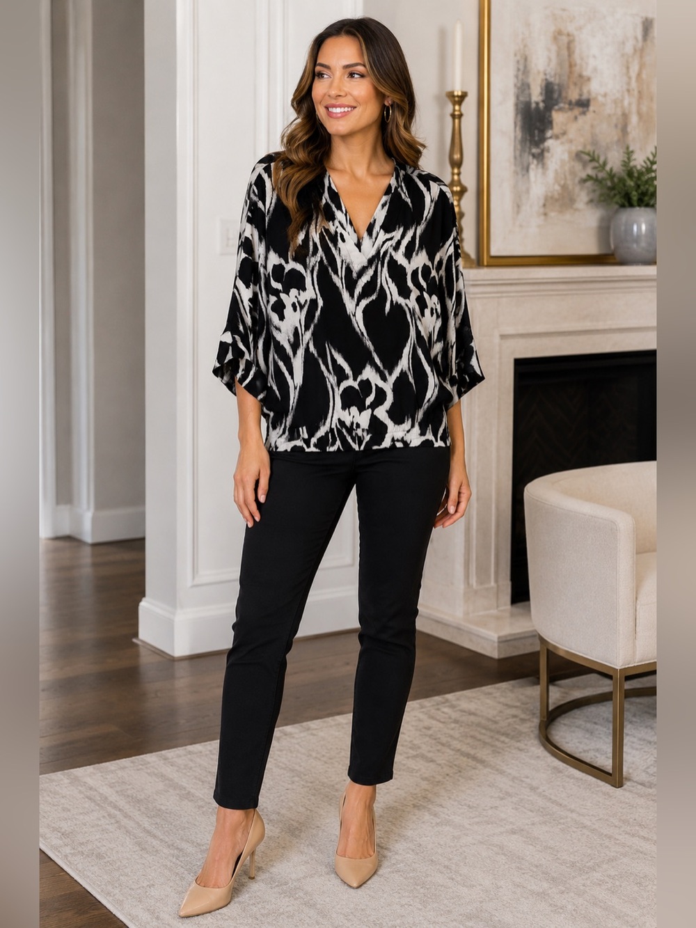 White House Black Market V-neck Batwing Top Blouse Elastic gather bottom size S